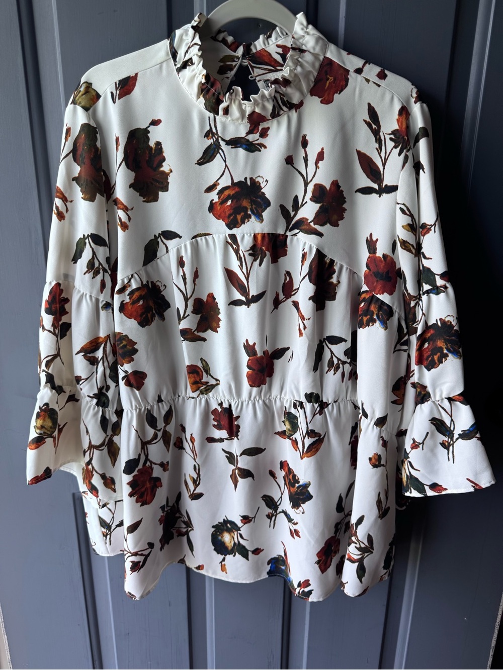 Cato White Blouse with Rust Floral Print and Ruffle Neck